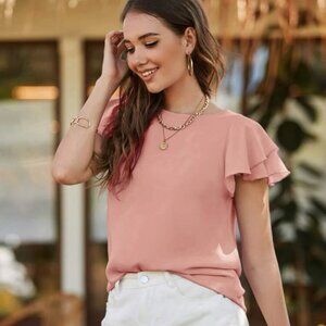 🩷 Pink Butterfly Short Sleeve Round Neck Blouse